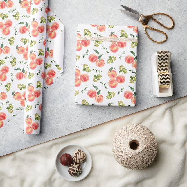 Watercolor Peaches and Greenery Botanical Pattern  Wrapping Paper (Crafts)