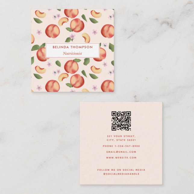 Watercolor Peaches Blossoms Nutritionist Dietician Square Business Card (Front/Back)