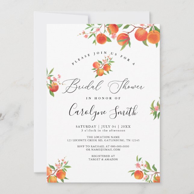 Watercolor Peaches Floral Bridal Shower Invitation (Front)