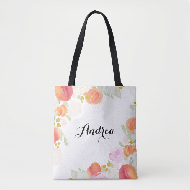 Watercolor Peaches Floral Personalized Tote Bag (Front)