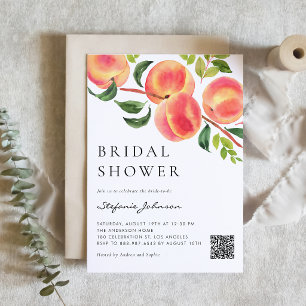 Watercolor Peaches Greenery QR Code Bridal Shower Invitation