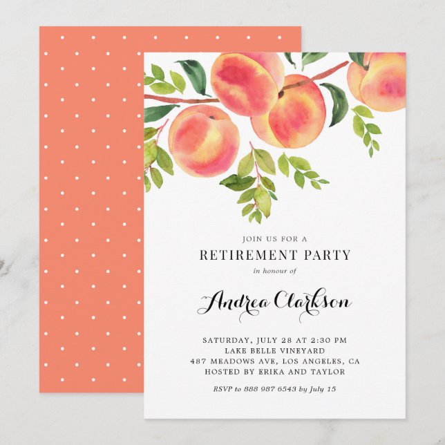Watercolor Peaches Summer Retirement Party Invitation (Front/Back)