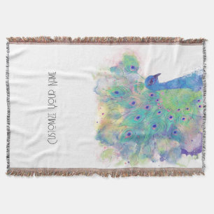 Watercolor Peacock Art Throw Blanket