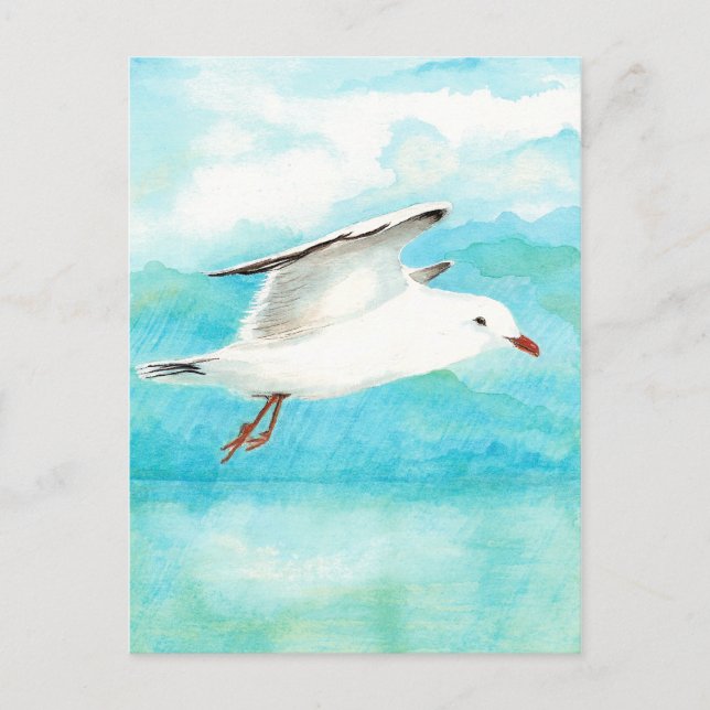 Watercolor Peacock Blue Seagull in the Rain Bird Postcard (Front)