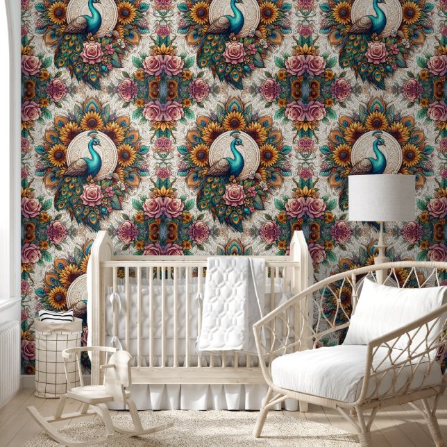 Watercolor Peacock & Boho Blooms Wallpaper (Kids)