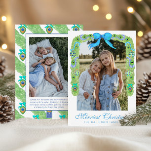 Watercolor Peacock Christmas Garland Swag Photo Holiday Card