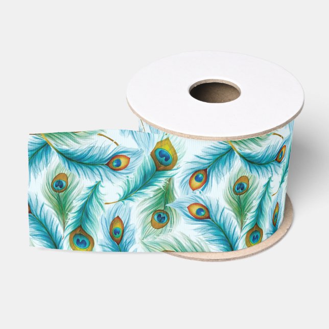 Watercolor Peacock Featers Pattern Grosgrain Ribbon (Spool)