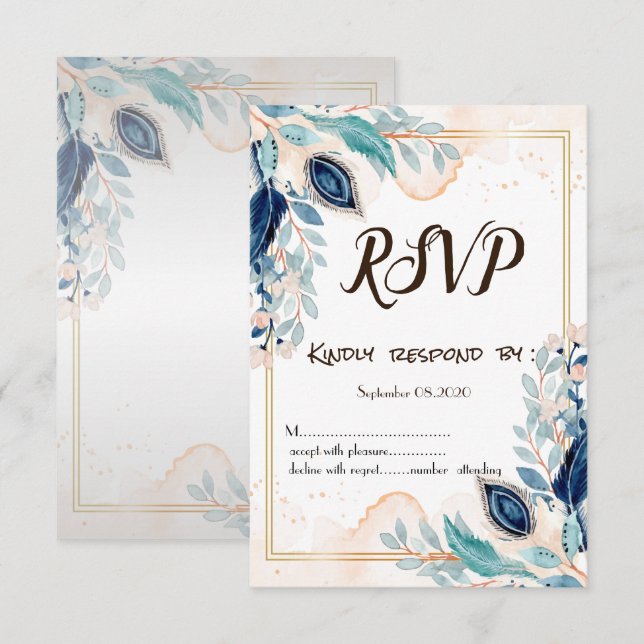 Watercolor Peacock Feather Floral RSVP Invitation (Front/Back)