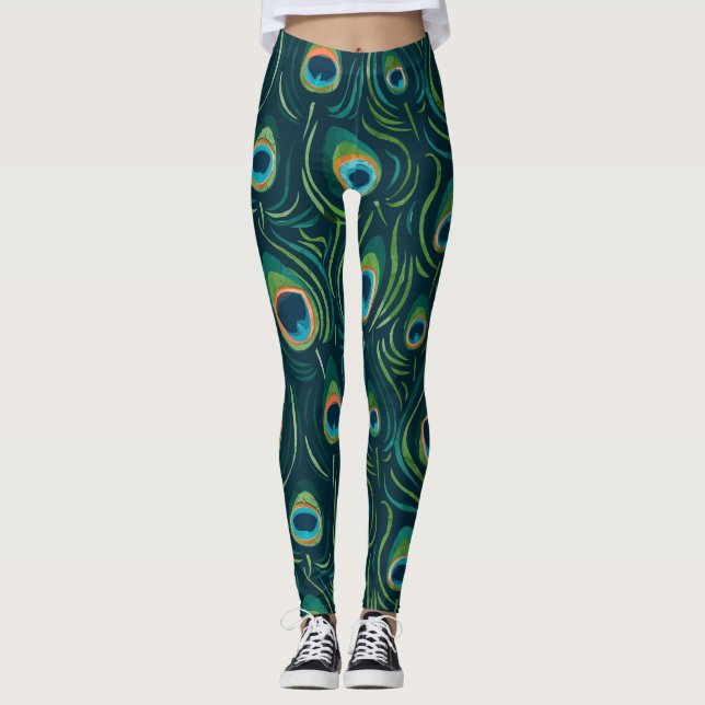 Watercolor Peacock Feather Pattern Leggings (Front)