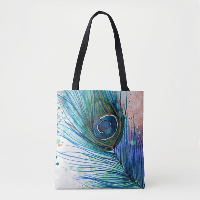 Watercolor Peacock Feather Tote Bag (Front)