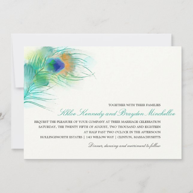 Watercolor Peacock Feather Wedding Invitation (Front)