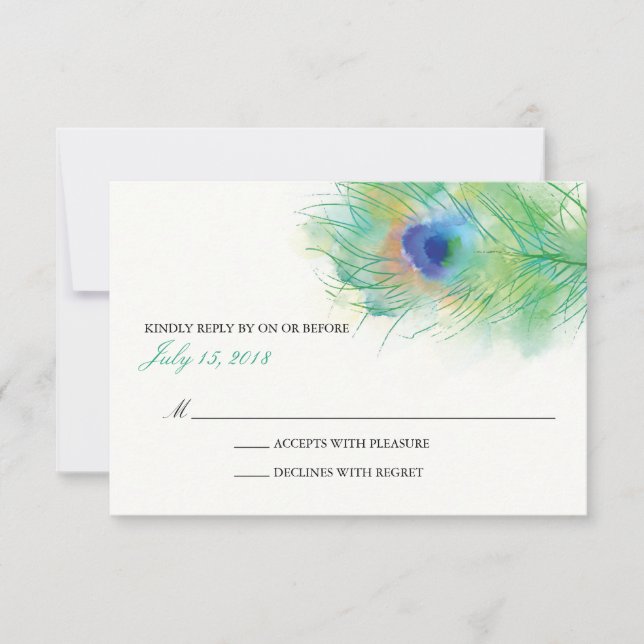 Watercolor Peacock Feather Wedding RSVP Card (Front)