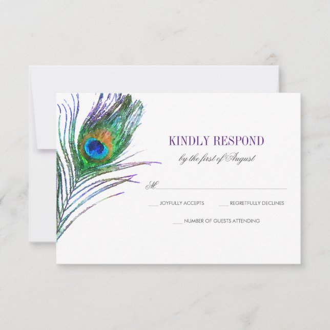 Watercolor Peacock Feather Wedding RSVP Card (Front)