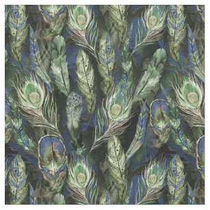 Watercolor Peacock Feathers Pattern Blue   Green Fabric