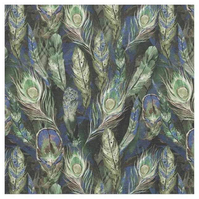 Watercolor Peacock Feathers Pattern Blue | Green Fabric (Close Up)