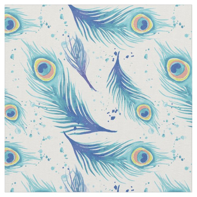 Watercolor Peacock Feathers Pattern Fabric (Close Up)
