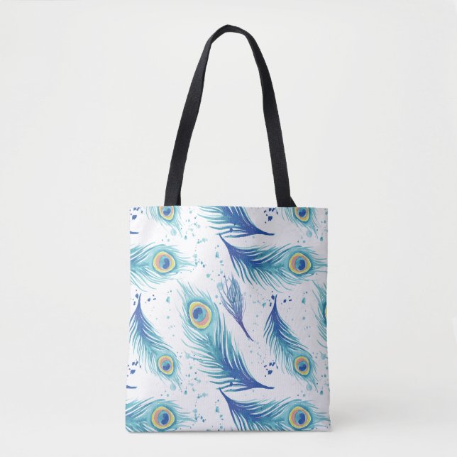 Watercolor Peacock Feathers Tote Bag (Front)
