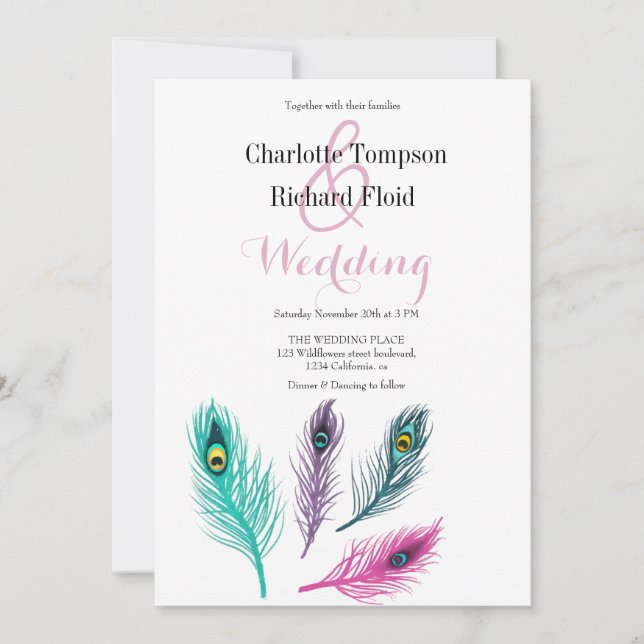 Watercolor Peacock Feathers Wedding  Invitation (Front)