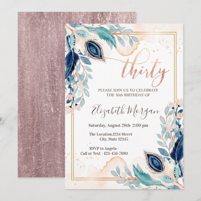 Watercolor Peacock Floral 30th Birthday  Invitation (Front/Back)