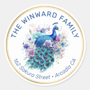 Watercolor Peacock Floral Address Classic Round Sticker