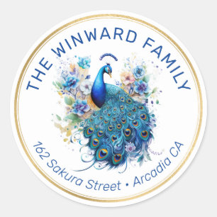 Watercolor Peacock Floral Address Classic Round Sticker