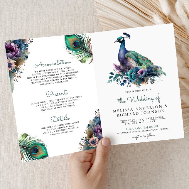 Watercolor Peacock Floral Feather QR Code Wedding Invitation (Creator Uploaded)