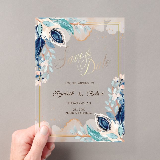 Watercolor Peacock Floral Save The Date Acrylic Invitations (Insitu (Handheld))