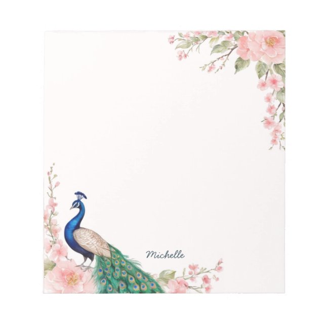  Watercolor Peacock Flowers Personalized Name      Notepad (Front)