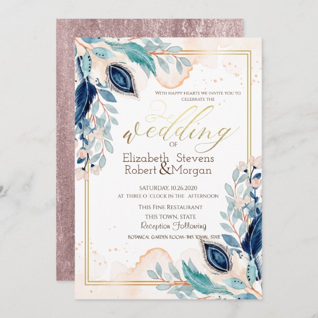 Watercolor Peacock Flowers Wedding Invitation (Front/Back)