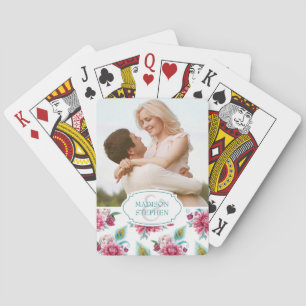 Watercolor Peacock & Red Floral - Wedding Photo Playing Cards