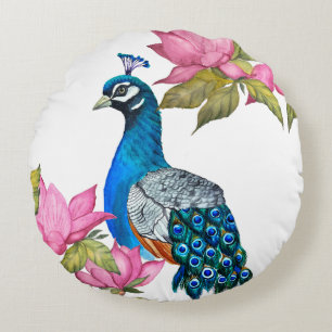 Watercolor peacock round pillow