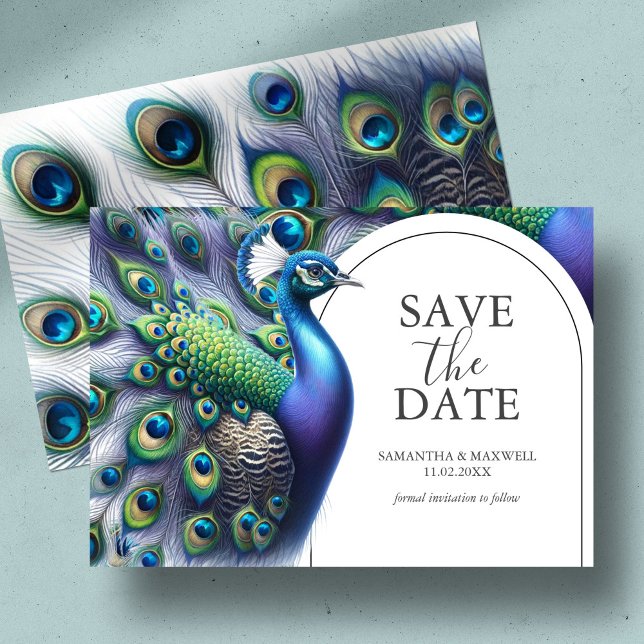 Watercolor Peacock Save The Date Invitation (Save the date card with watercolor peacock and feathers in shades of royal blue, green and purple)