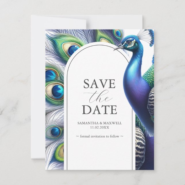 Watercolor Peacock Save The Date Wedding (Front)