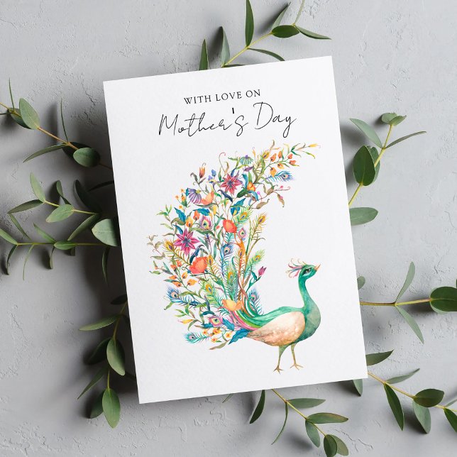 Watercolor Peacock With Love On Mother's Day Holiday Card (Creator Uploaded)