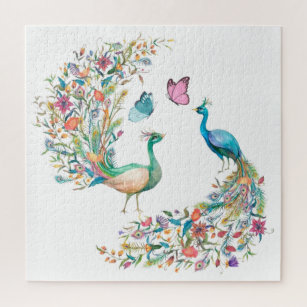 Watercolor Peacocks and Butterflies Jigsaw Puzzle