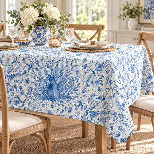 Watercolor Peacocks Blue Floral Feather Pattern  Tablecloth
