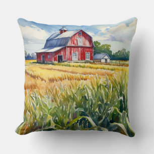 Watercolor Peaked Prairie Barn and Corn Field Throw Pillow
