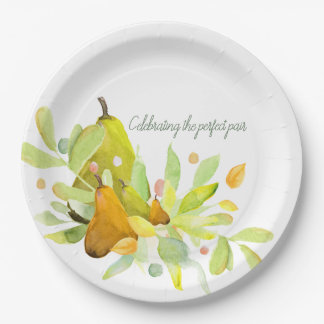 Watercolor Pear and Fruit with Greenery  Paper Plate