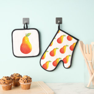 Watercolor Pear & Pear Pattern Oven Mitt & Pot Holder Set