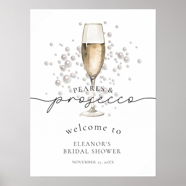 Watercolor Pearls.& Prosecco Bridal Shower Welcome Poster (Front)