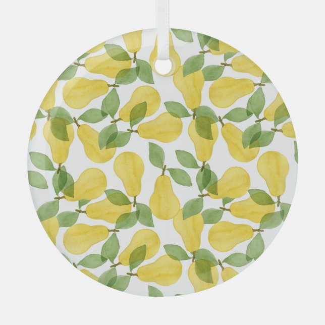Watercolor Pears: Hand Painted Pattern Glass Ornament (Front)