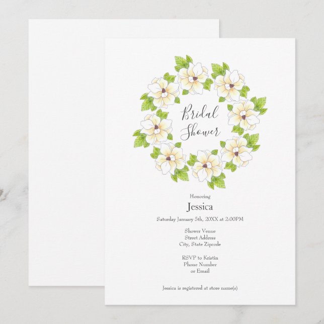 Watercolor, Pen & Ink Magnolia Wreath  Invitation (Front/Back)
