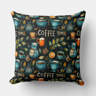 Watercolor pencil ink coffee cups, pots, cinnamon, throw pillow