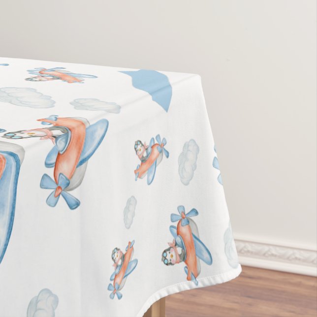 Watercolor Penguin Airplane Party Tablecloth (In Situ)