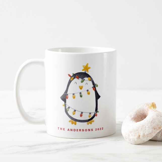 Watercolor Penguin and Christmas Lights Holiday Coffee Mug (With Donut)