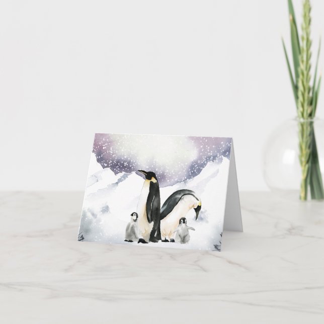 Watercolor Penguin Family Holiday Card (Front)