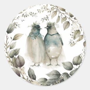 Watercolor Penguins and Greenery Classic Round Sticker