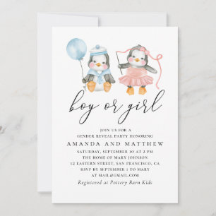 Watercolor penguins. Boy or girl. Gender reveal Invitation