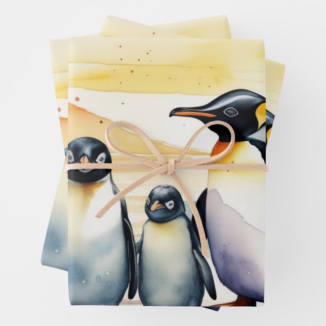 Watercolor Penguins Sliding on Ice Wrapping Paper Sheet (In situ)