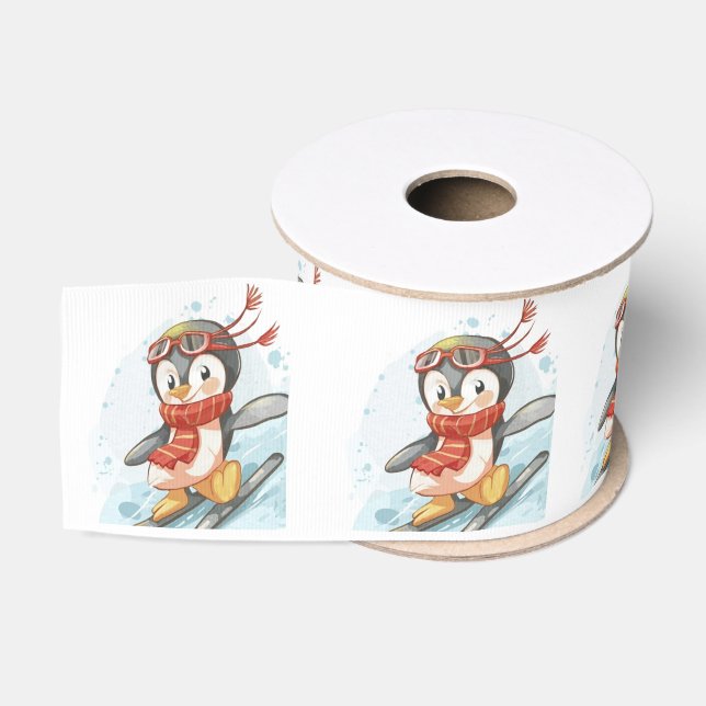 Watercolor Penguins Snow Skiing Grosgrain Ribbon (Spool)